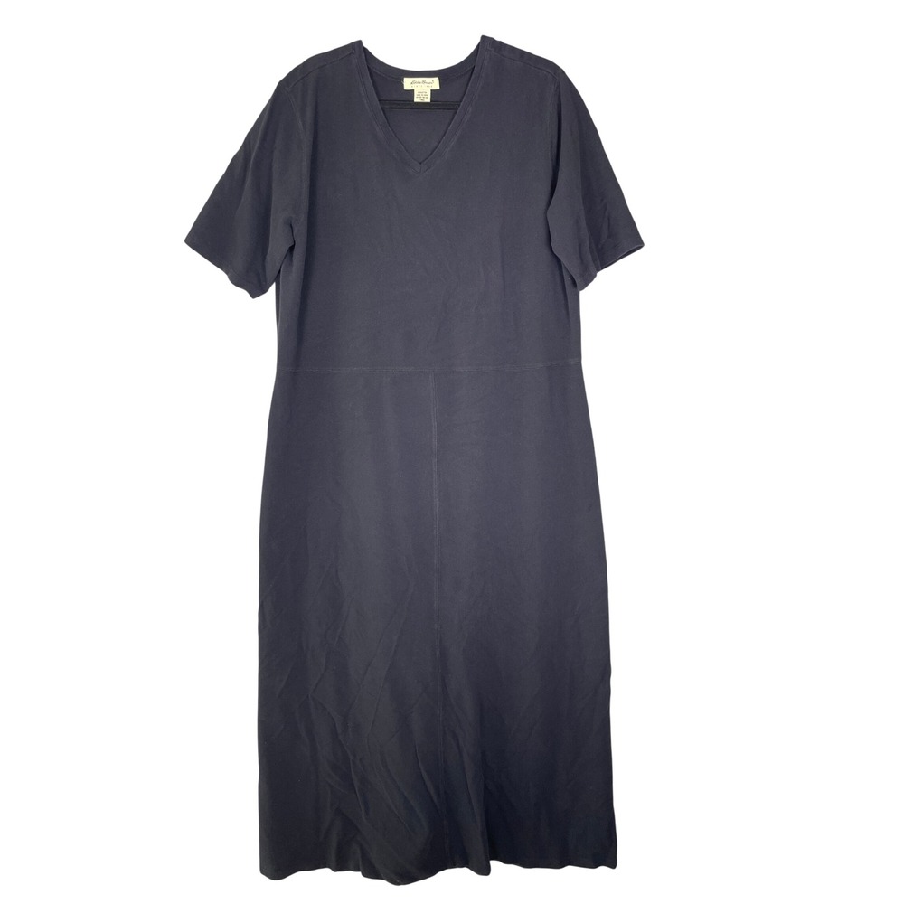Eddie Bauer Maxi Dress Womens XXL Tall Black Cotton Short Sleeve V-Neck VGUC